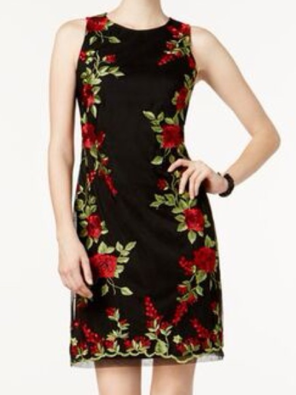 Donna Ricco Floral Embroidered Mesh Dress. Black with red flowers. Size 16.